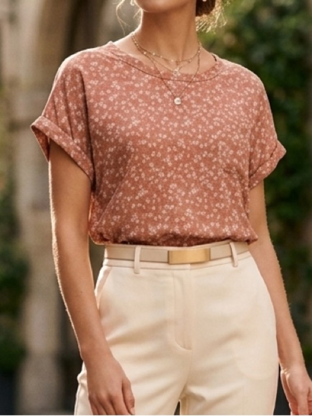Buffalo David Bitton Terracotta Floral Short Sleeve Blouse Large‎ L/G Pocket Top